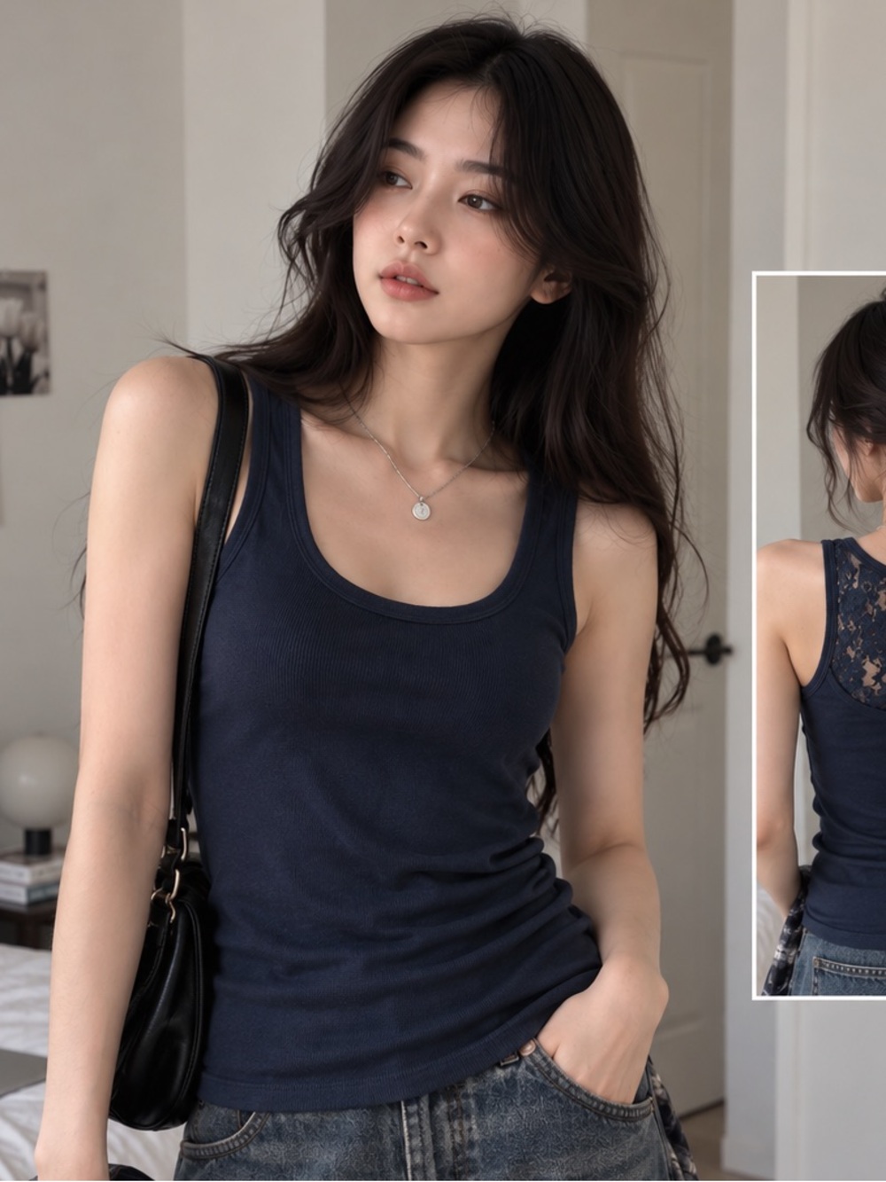 WHO.A.U Navy Blue Floral Lace Back Fitted Tank Top